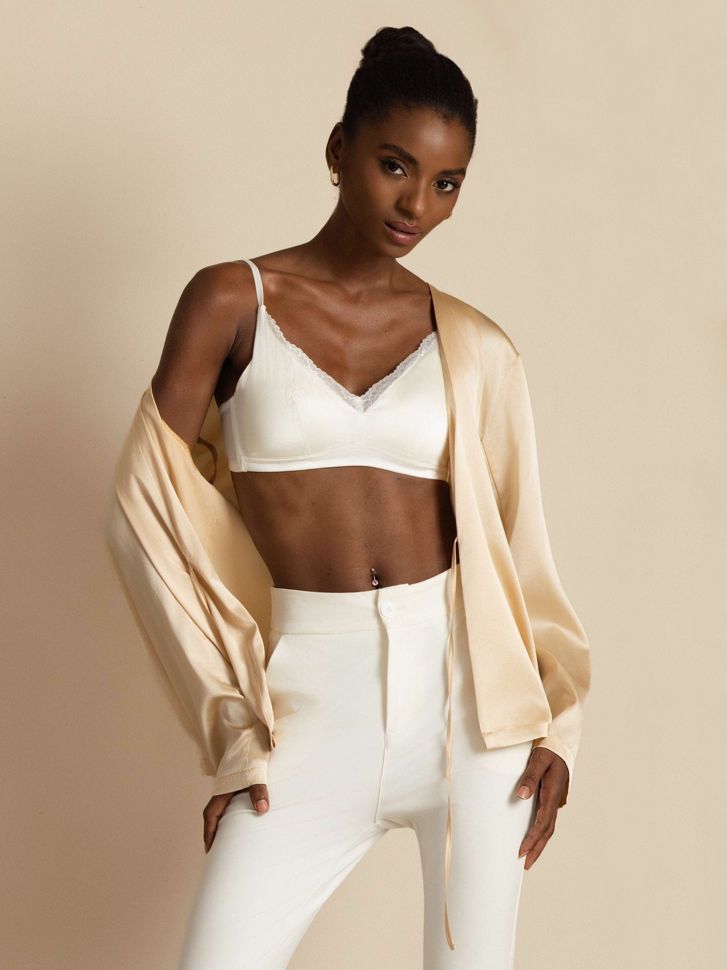 [Champagne] SilkSilky  19Momme Stretch Silk Charmeuse Long Sleeve Women's Outerwear 008