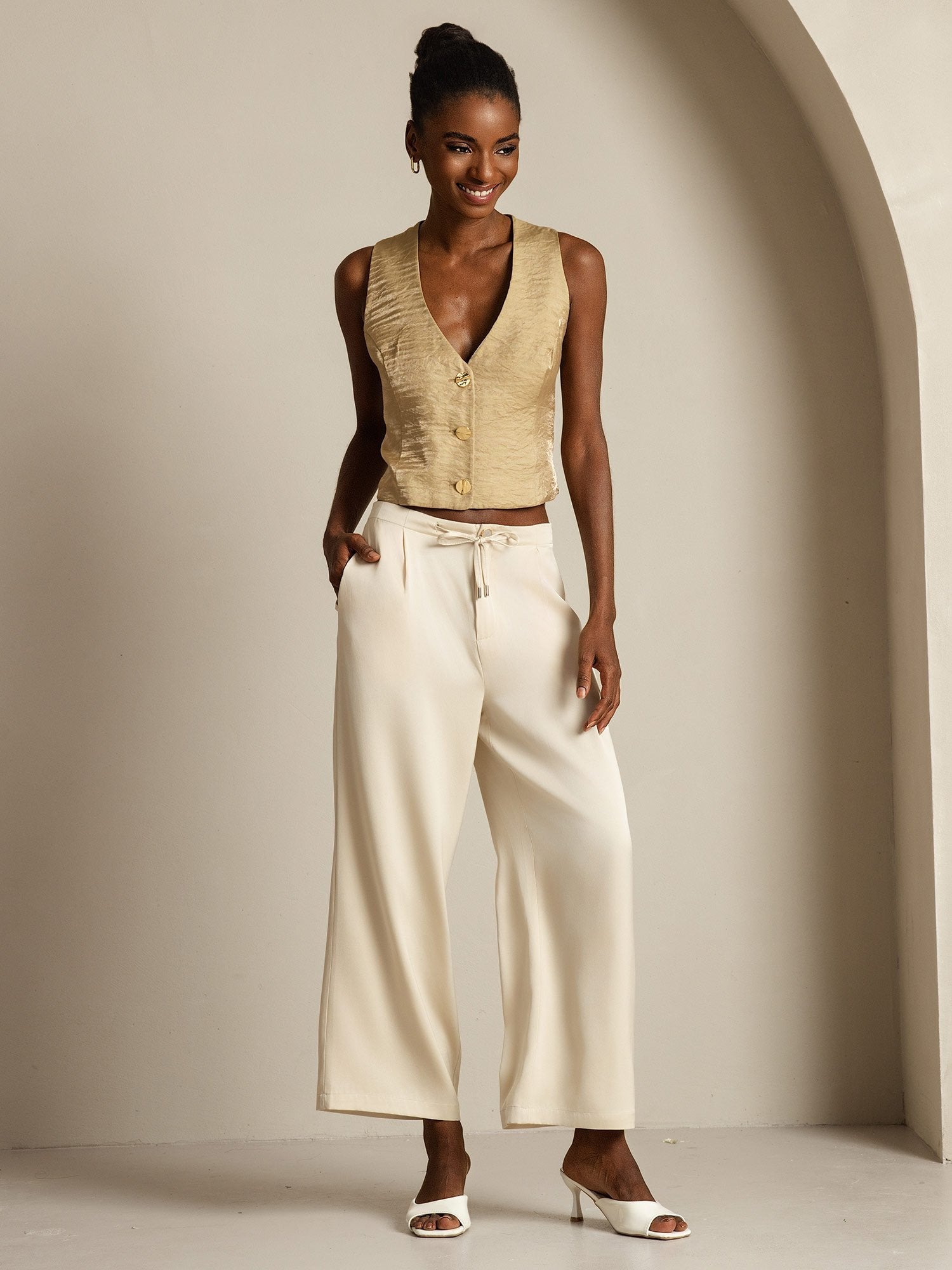 [Beige] SilkSilky 19Momme Silk Womens Pants 008