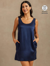 [Dark Blue] SilkSilky  19Momme Machine-Washable Silk Sleeveless Scoop Neck Nightgown 001