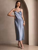 [Grayish Blue] SilkSilky  Pure Silk Spaghetti Strap V Neck Dress 001