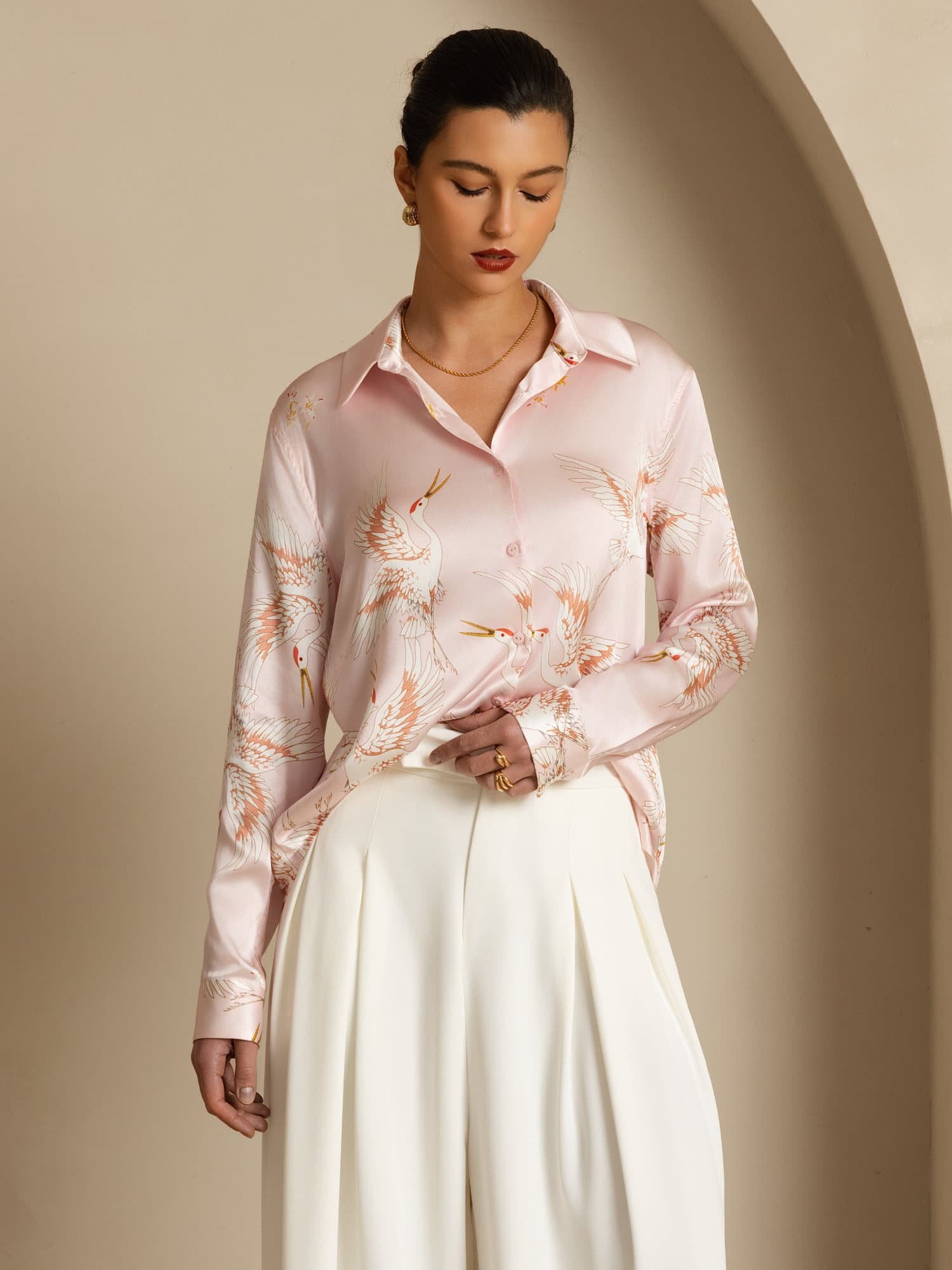 [Pink] SilkSilky  19Momme Long Sleeve Lapel Collar Women's Shirt 004