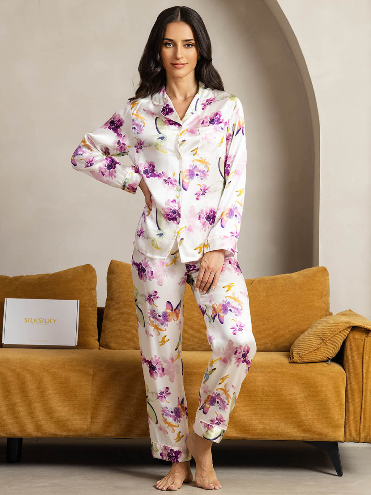 [Watercolor Floral] SilkSilky  Pure Silk Womens Pajamas 004