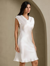 [White] SilkSilky  Cap Sleeve V Neck Nightgown 006