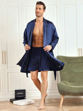 SilkSilky US Pure Silk 3/4 Sleeve Lapel Men's Robe DarkBlue 005