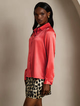 [Imperial Red] SilkSilky  19Momme Stretch Silk Charmeuse Long Sleeve Lapel Collar Women's Shirt 004