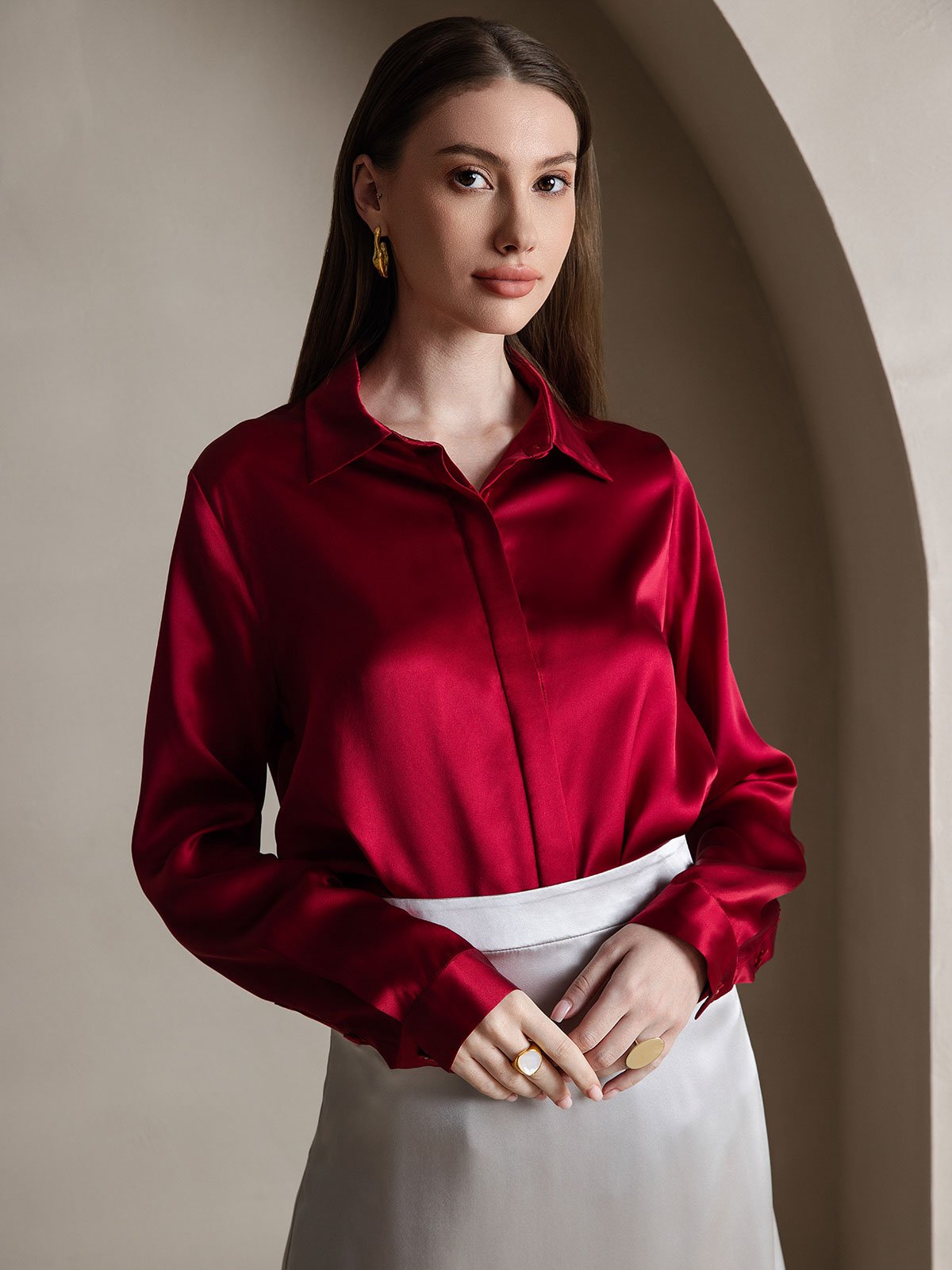 SilkSilky US 19Momme Silk Blend Long Sleeve Collar Women's Shirt Wine 003