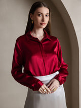 [Wine] SilkSilky  19Momme Long Sleeve Lapel Collar Women's Shirt 003