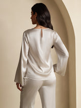 [Light Gray] SilkSilky  19Momme Stretch Silk Charmeuse Long Sleeve Boat Neck Blouse 002