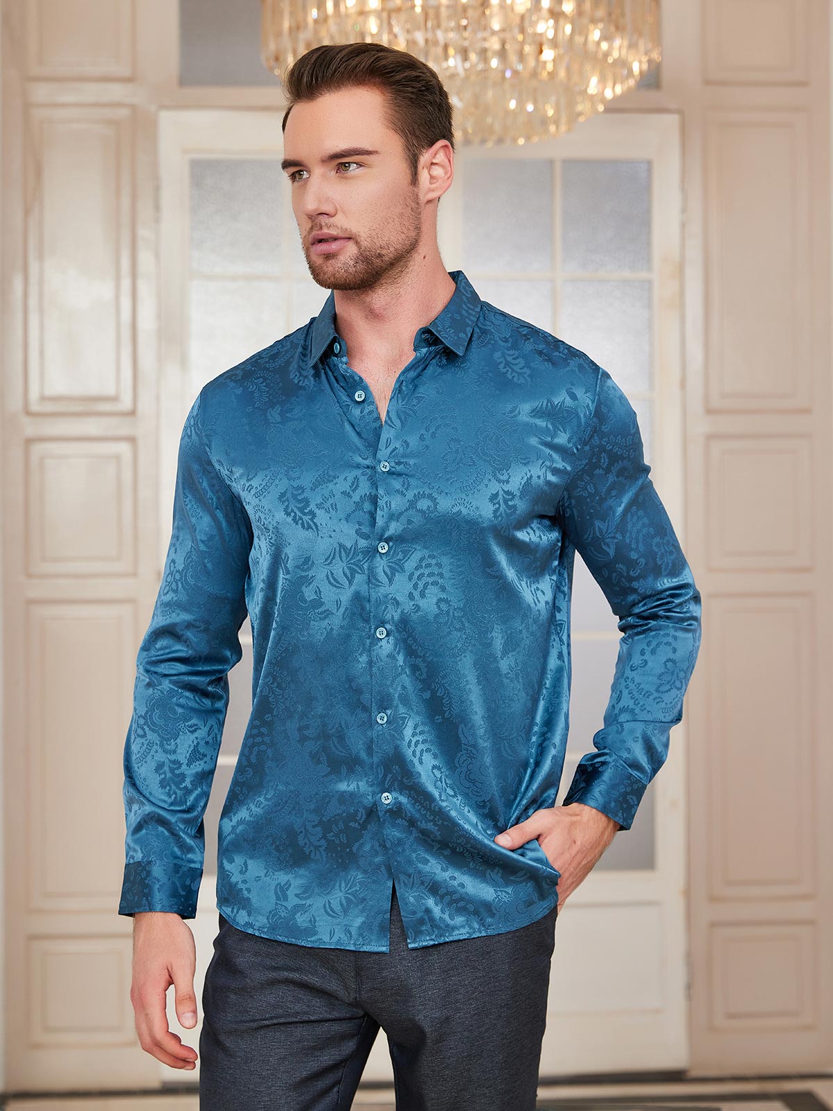 [Teal] SilkSilky  Silk Collar Men's Shirt 003
