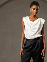 [White] SilkSilky  19Momme Stretch Silk Charmeuse Cap Sleeve Cowl Neck Women's T-Shirt 005