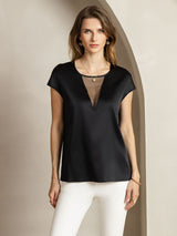 [Black] SilkSilky  Cap Sleeve Round Neck Women's T-Shirt 003
