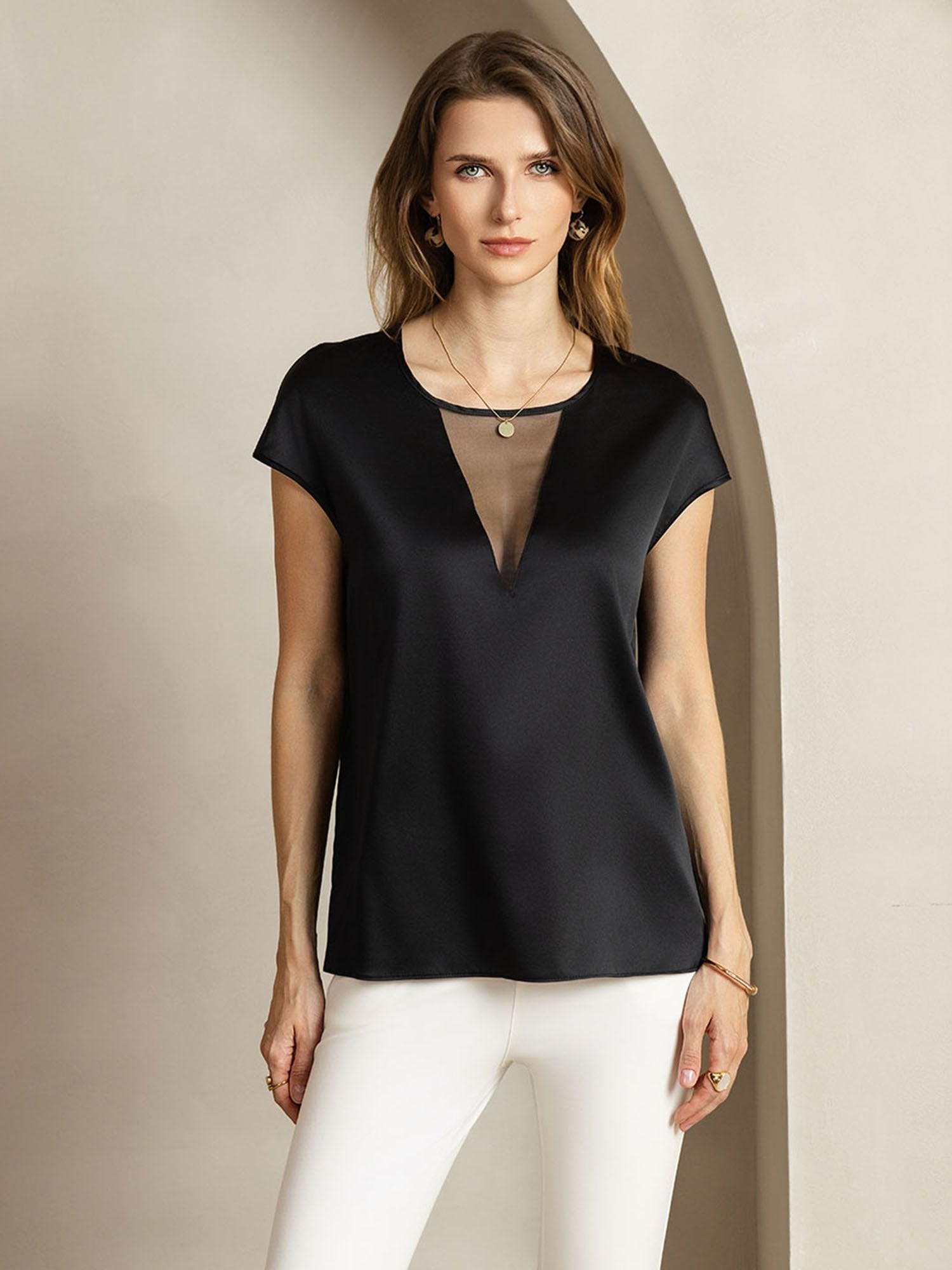 [Black] SilkSilky  19Momme Silk Round Neck Women's T-Shirt 003