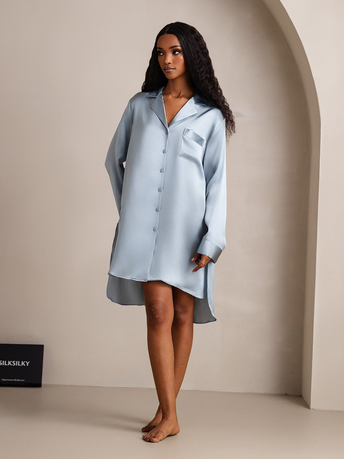 [GrayishBlue] SilkSilky Pure Silk Lapel Collar Nightgown 004