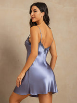 [Steel Blue] SilkSilky  Spaghetti Strap V Neck Nightgown 002