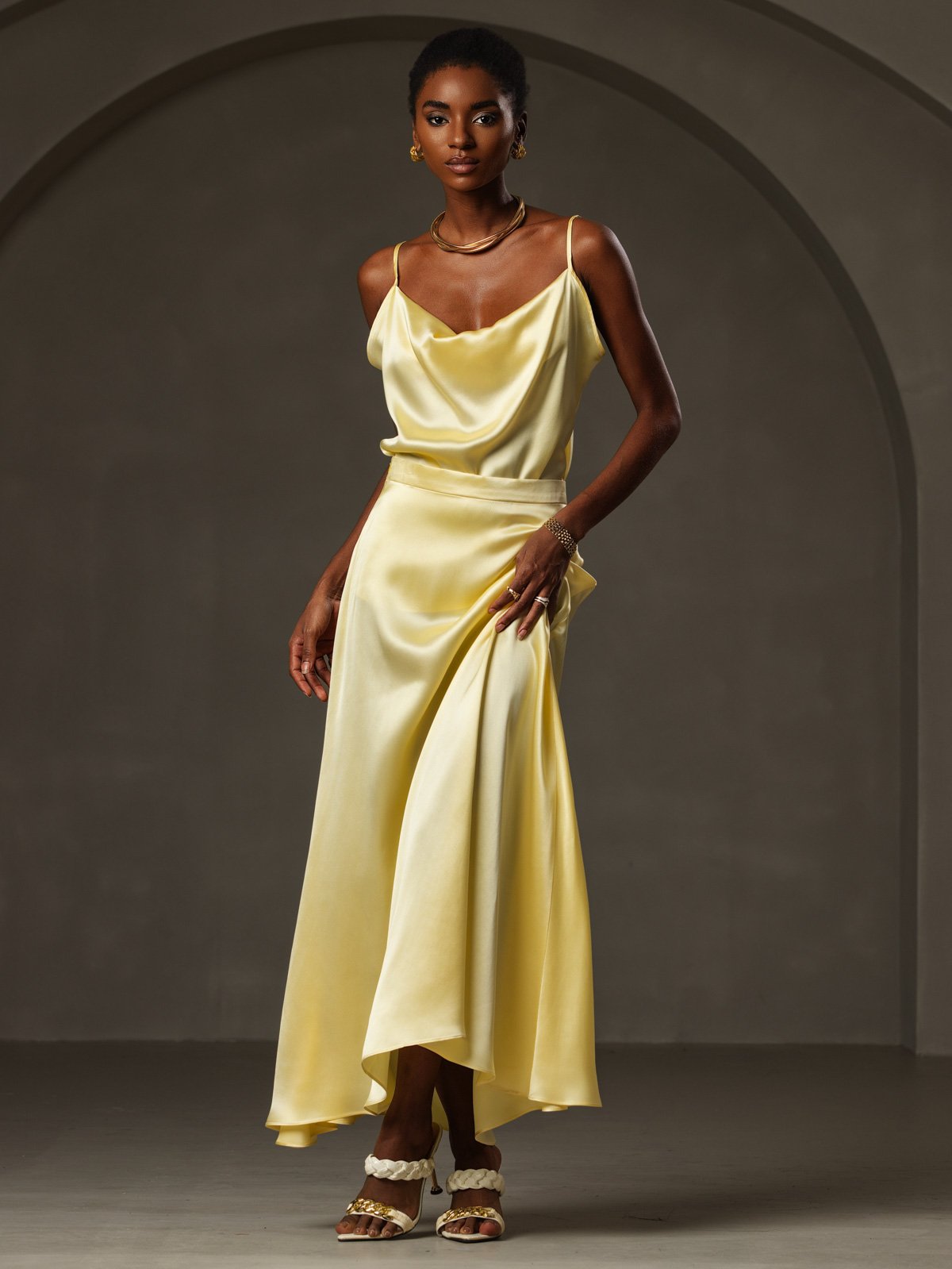 [Yellow] SilkSilky  19Momme Silk Cowl Neck Camisole Top 005