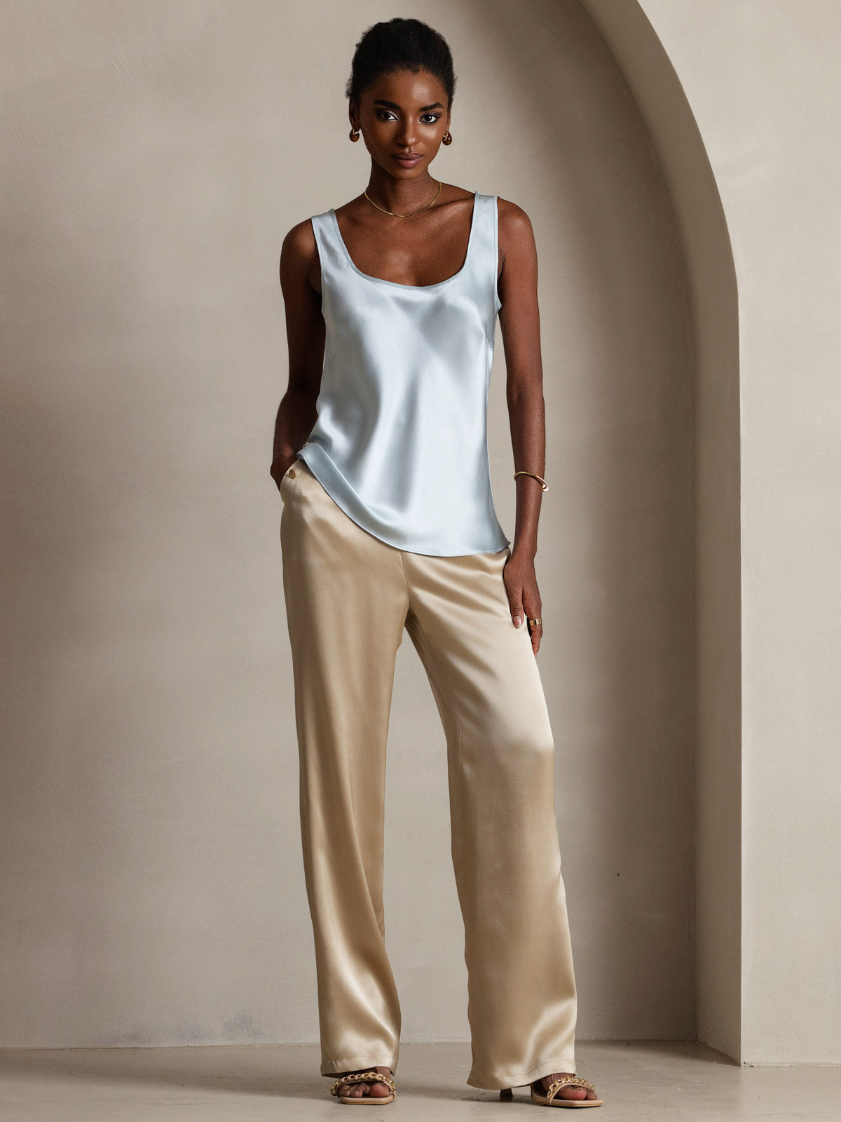 [Light Blue] SilkSilky  19Momme Silk U Neck Camisole Top 001