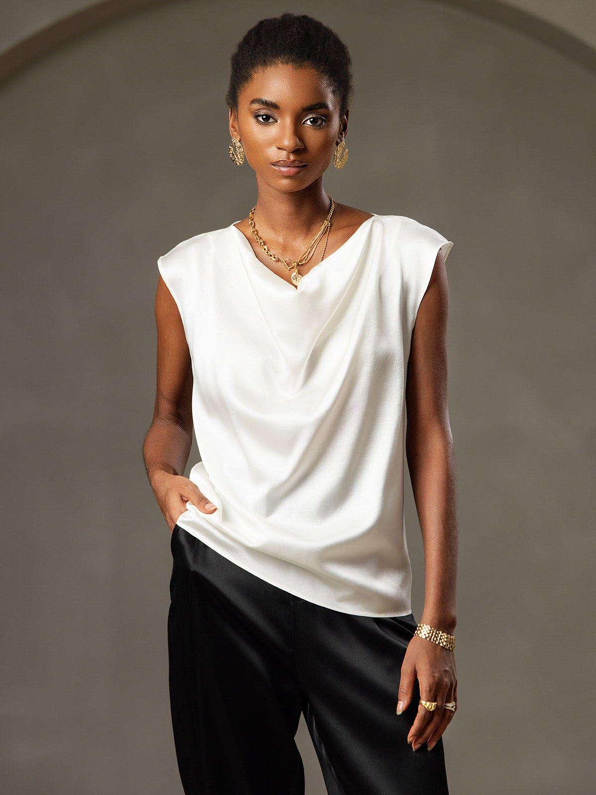 [White] SilkSilky  19Momme Silk Cowl Neck Women's T-Shirt 004