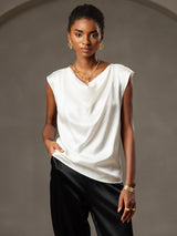 [White] SilkSilky  19Momme Stretch Silk Charmeuse Cap Sleeve Cowl Neck Women's T-Shirt 004