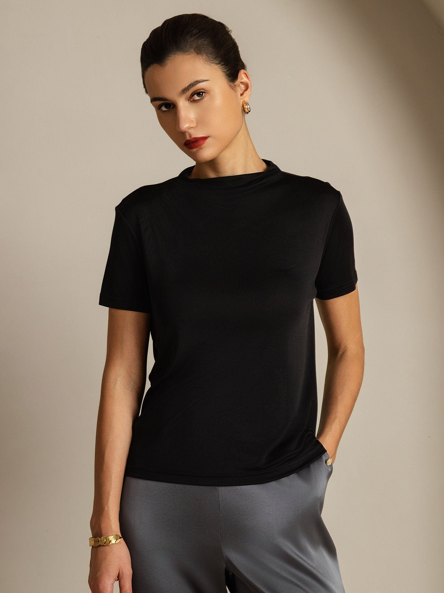 [Black] SilkSilky  Pure Silk Collar Women's T-Shirt 001
