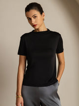 [Black] SilkSilky  100% Silk Jersey Short Sleeve Mock Neck Women's T-Shirt 001