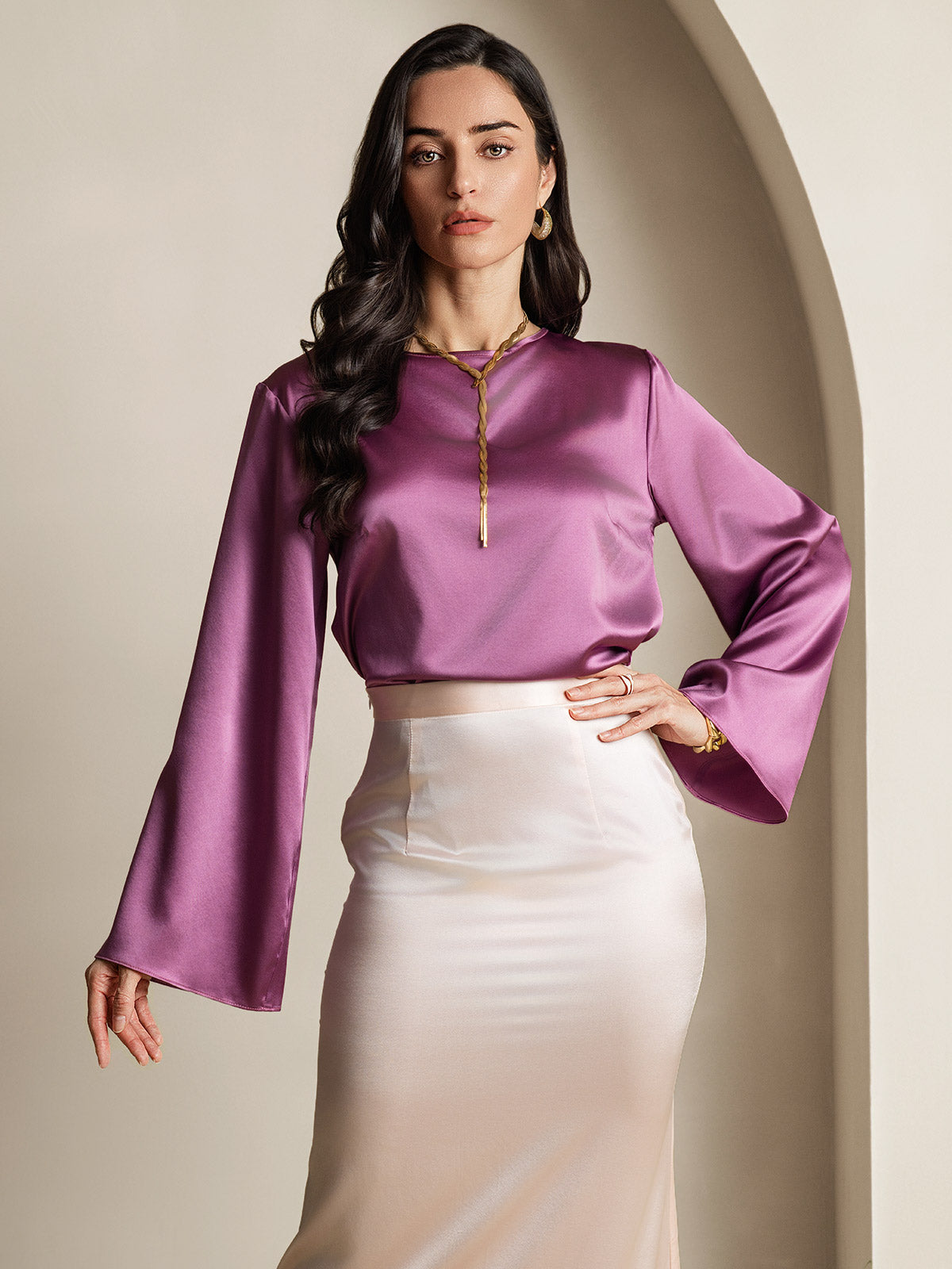 [Deep Purple] SilkSilky  19Momme Silk Round Neck Women's T-Shirt 001