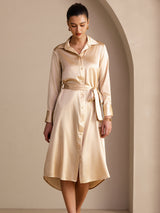 [Champagne] SilkSilky Long Sleeve Lapel Collar Dress 005