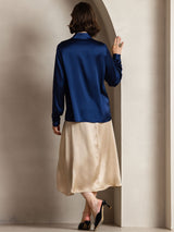 [Dark Blue] SilkSilky  Long Sleeve Lapel Collar Women's Shirt 002