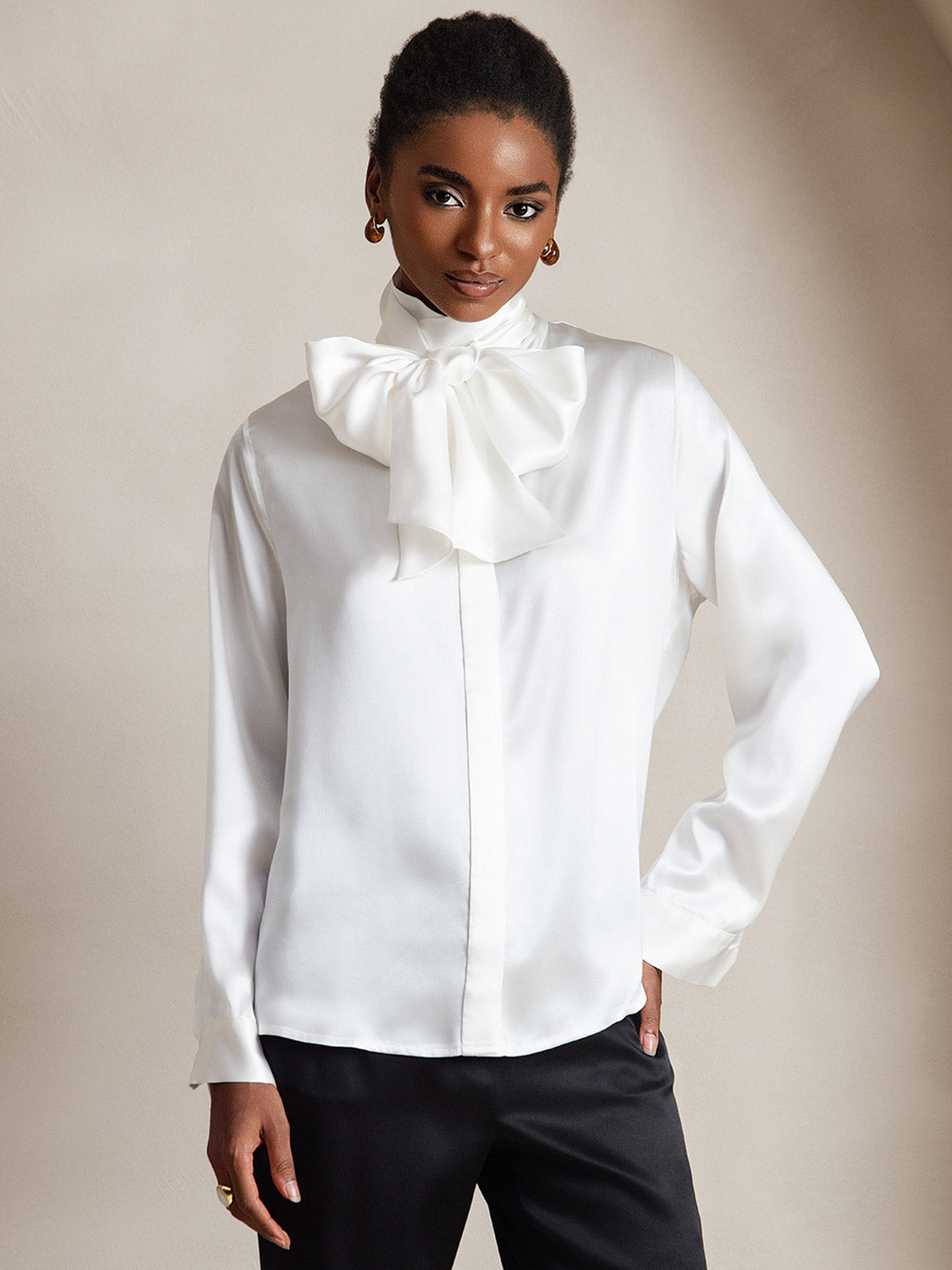 SilkSilky  19Momme Silk Blend Long Sleeve Tie Neck Women's Shirt White 003