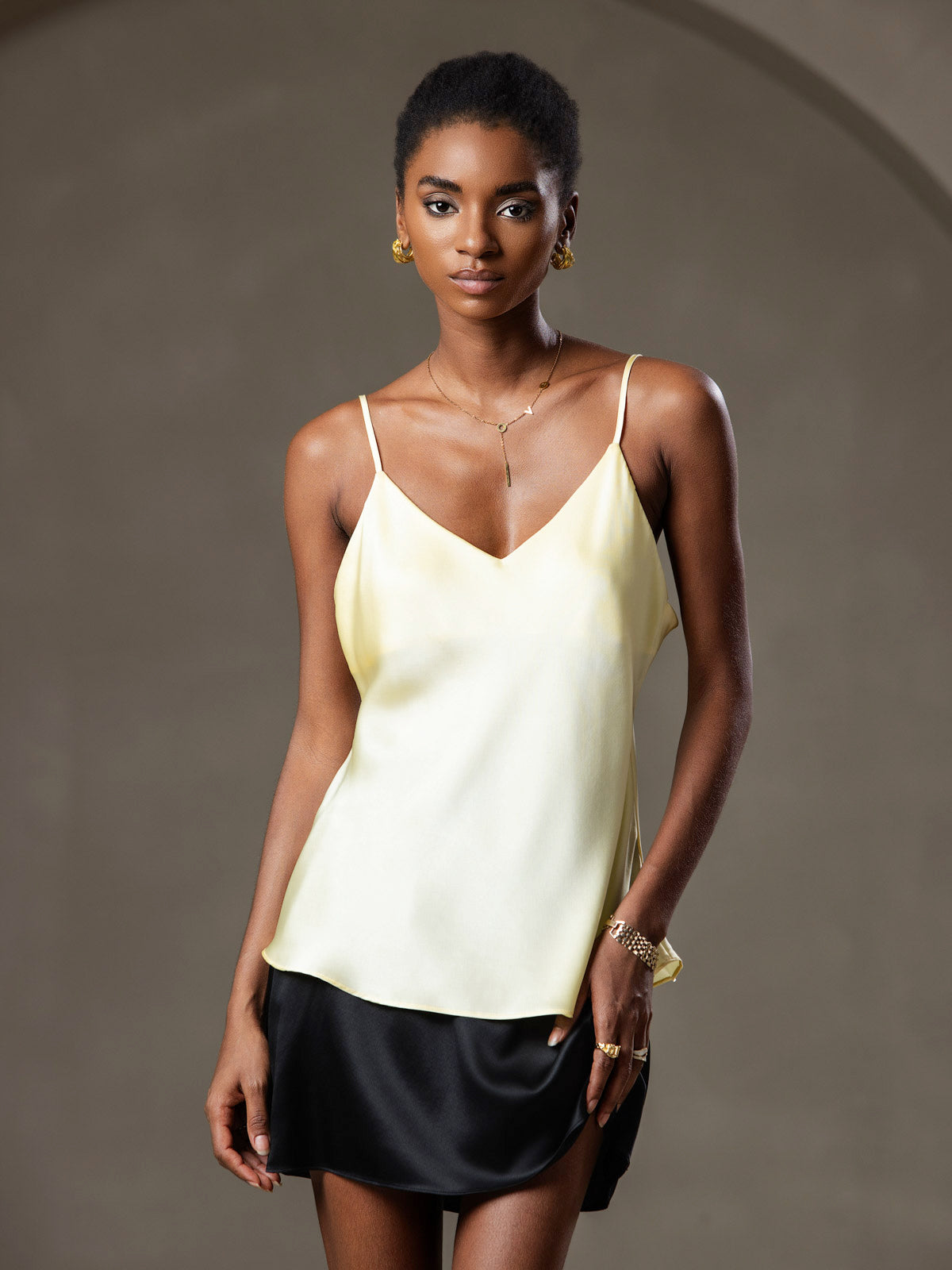 SilkSilky US Pure Silk Sleeveless V Neck Camisole Top LightYellow 001