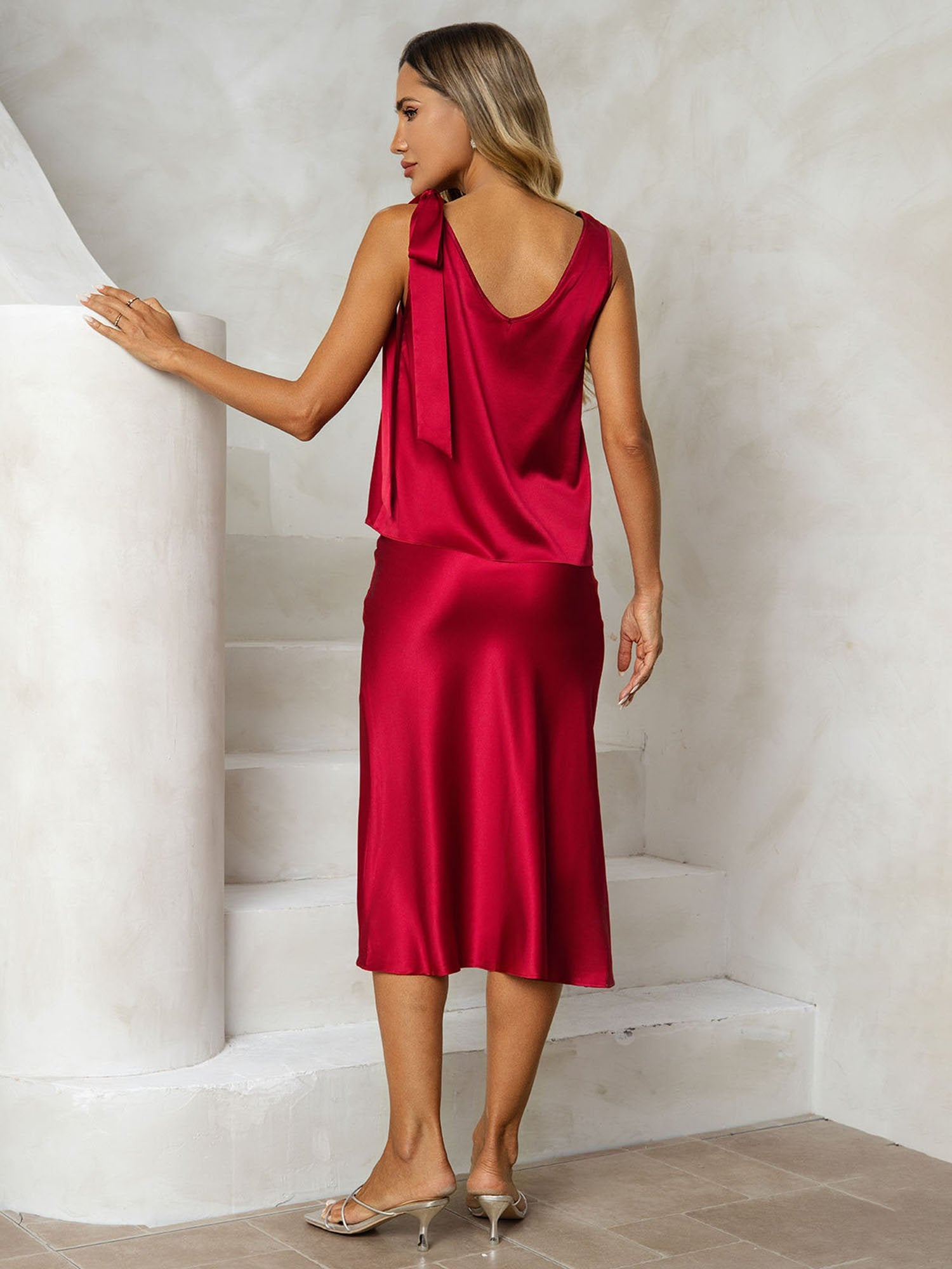 [Wine] SilkSilky 19Momme Silk V Neck Women''s Outfit Sets 002