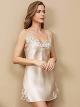 [Beige] SilkSilky  Spaghetti Strap V Neck Nightgown 003