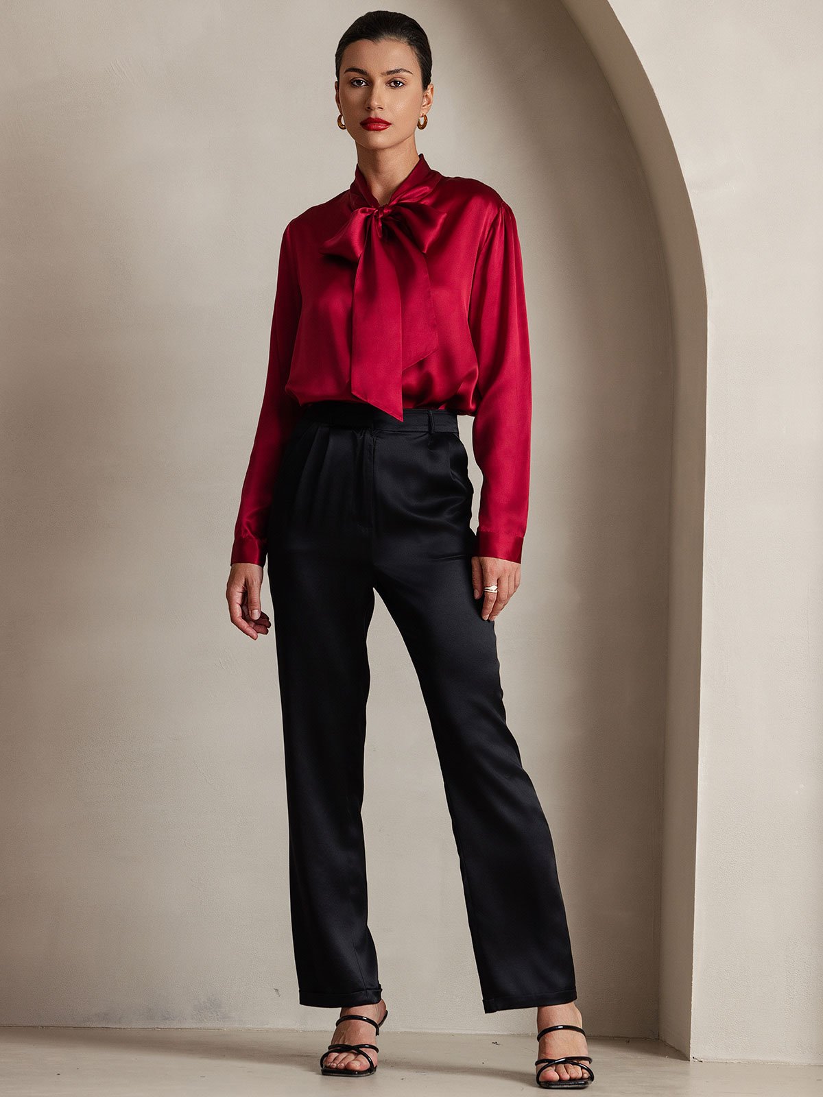 [Wine] SilkSilky 19Momme Silk Long Sleeve Tie Neck Women's Shirt 003