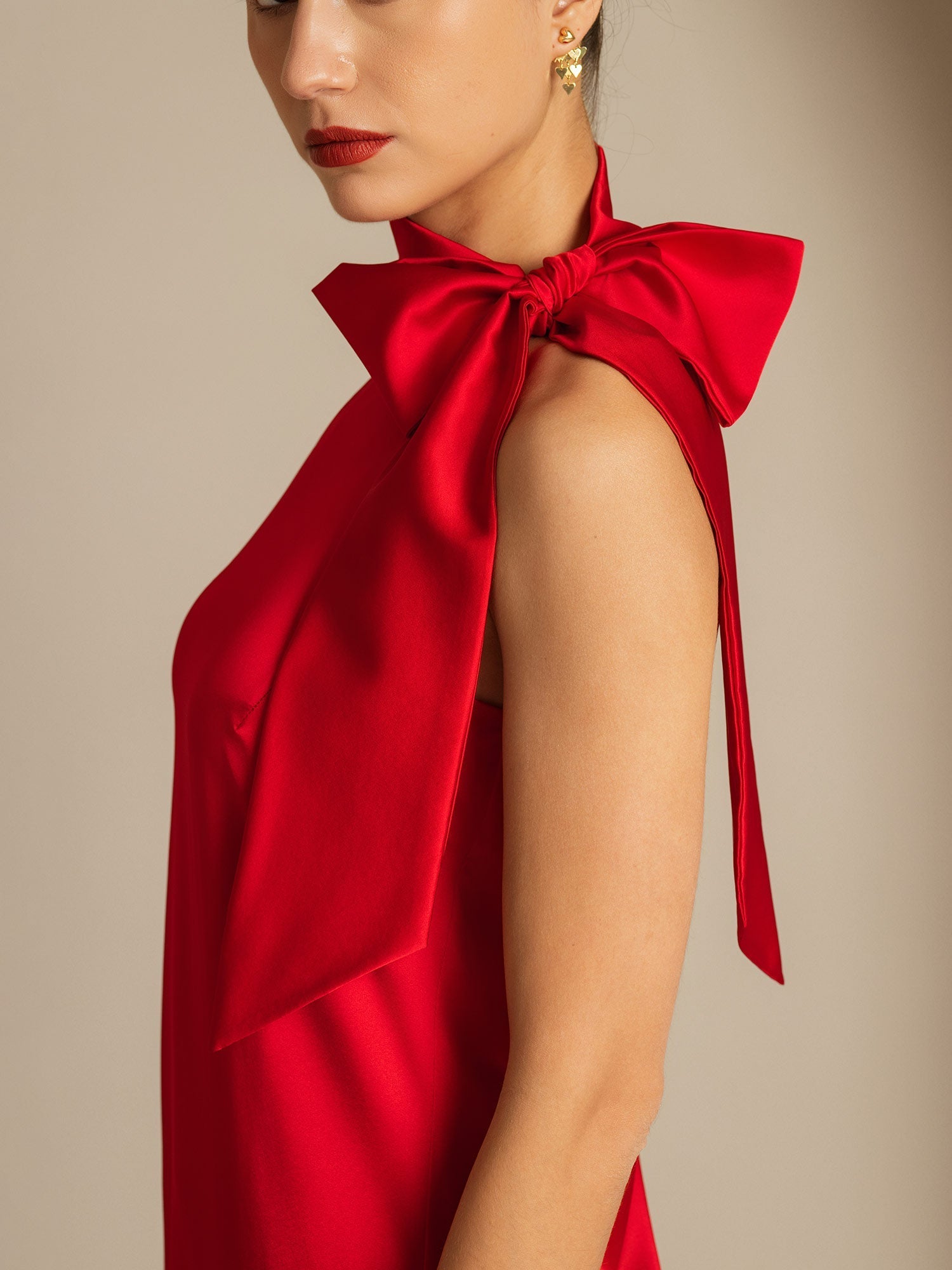 [Red] SilkSilky  19Momme Silk Tie Neck Dress 004,