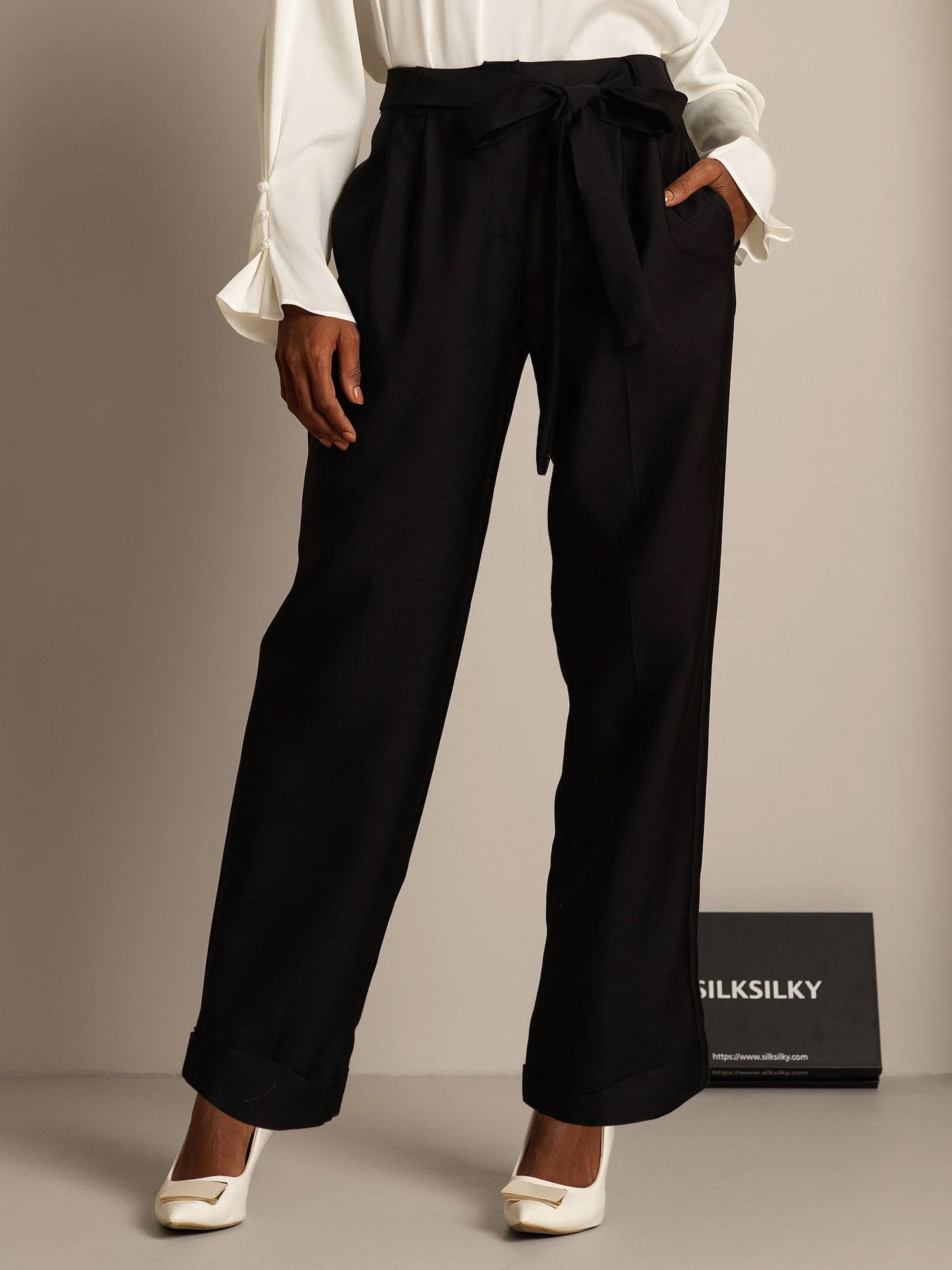 [Black] SilkSilky  32Momme Silk Womens Pants 006,