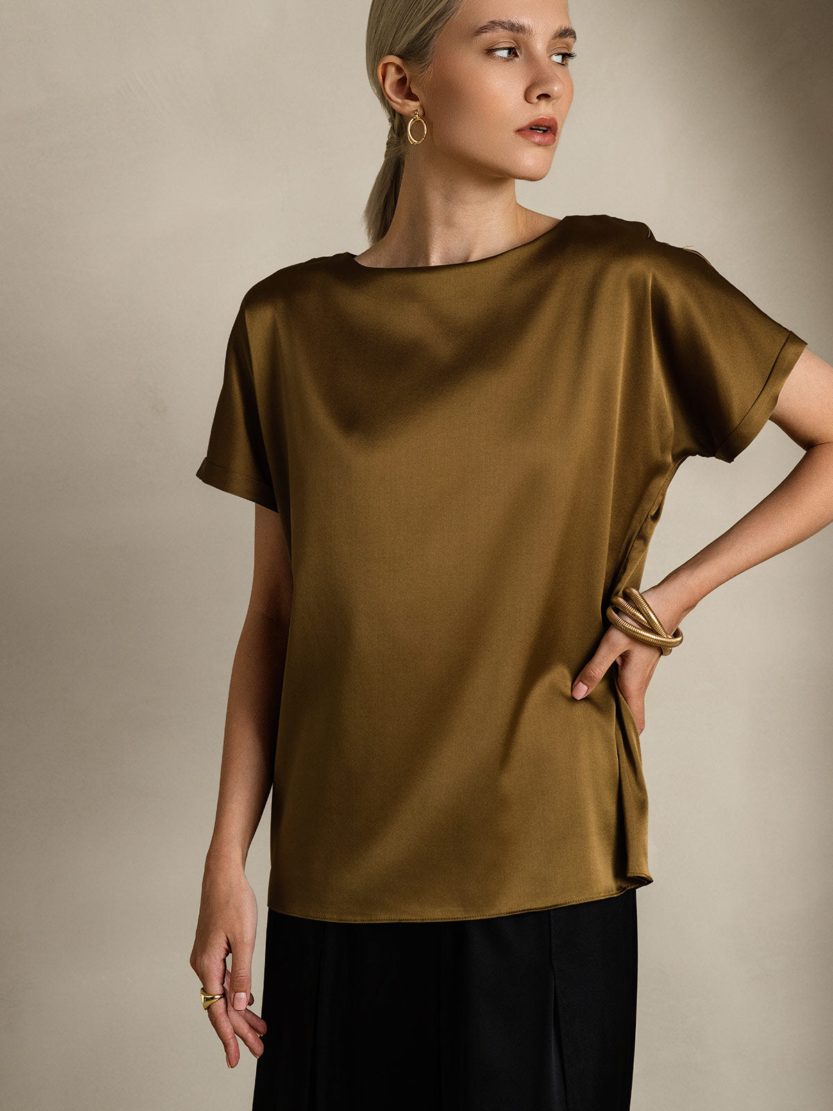 [Brown] SilkSilky  19Momme Silk Round Neck Women's T-Shirt 005