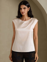[Beige] SilkSilky  Cap Sleeve Round Neck Women's T-Shirt 003