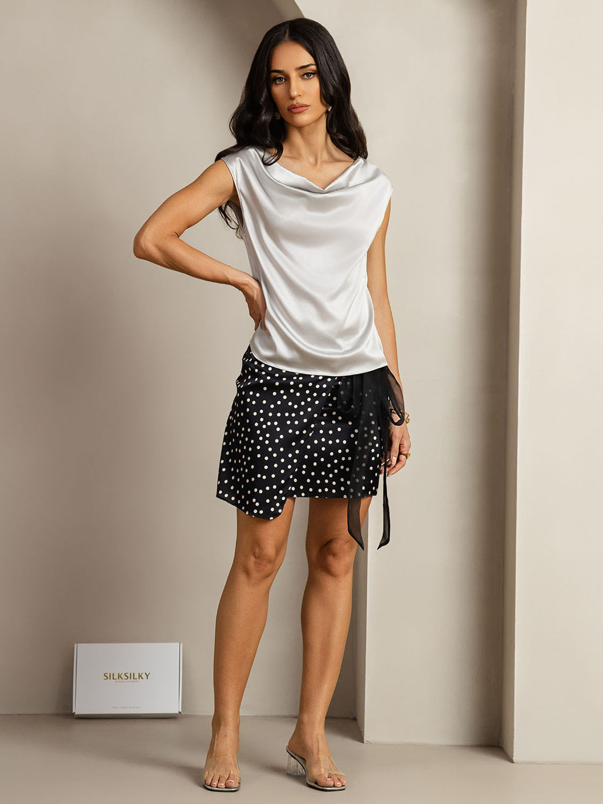 [Silver] SilkSilky  19Momme Silk Cowl Neck Women's T-Shirt 003