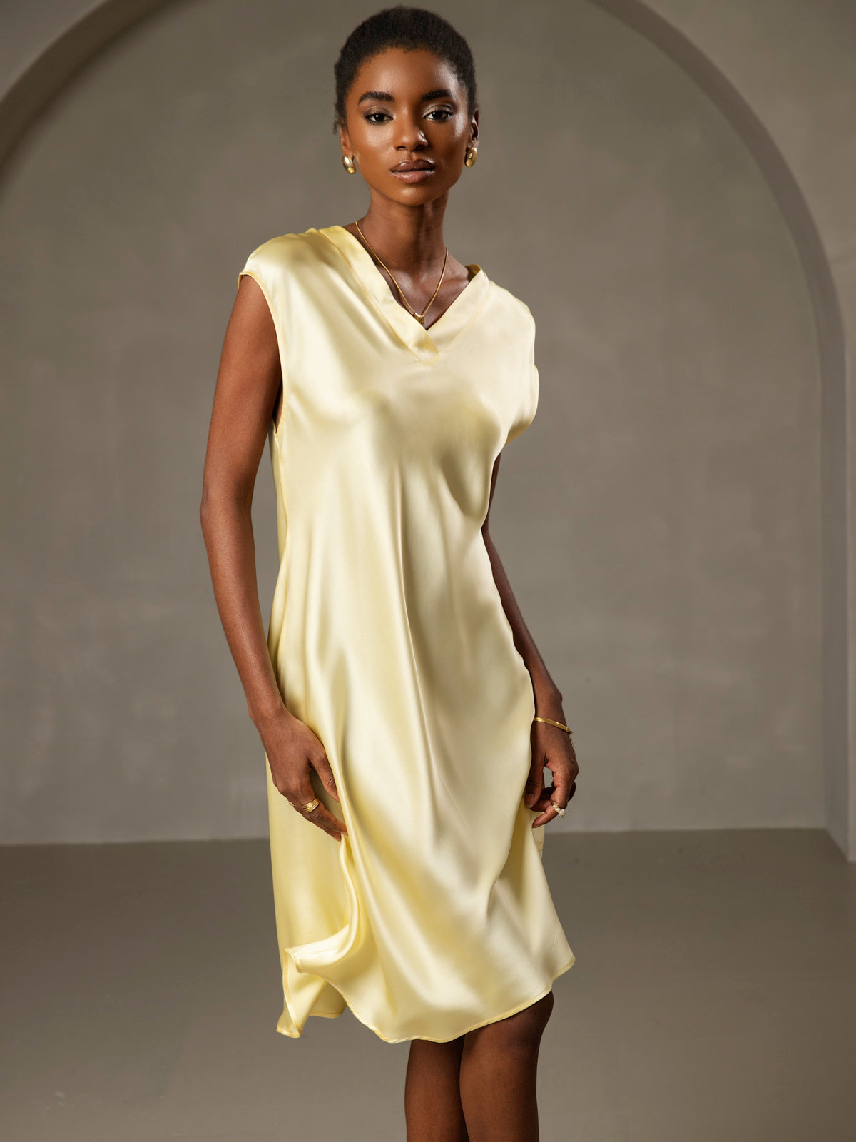 [Yellow] SilkSilky  Pure Silk V Neck Nightgown 004
