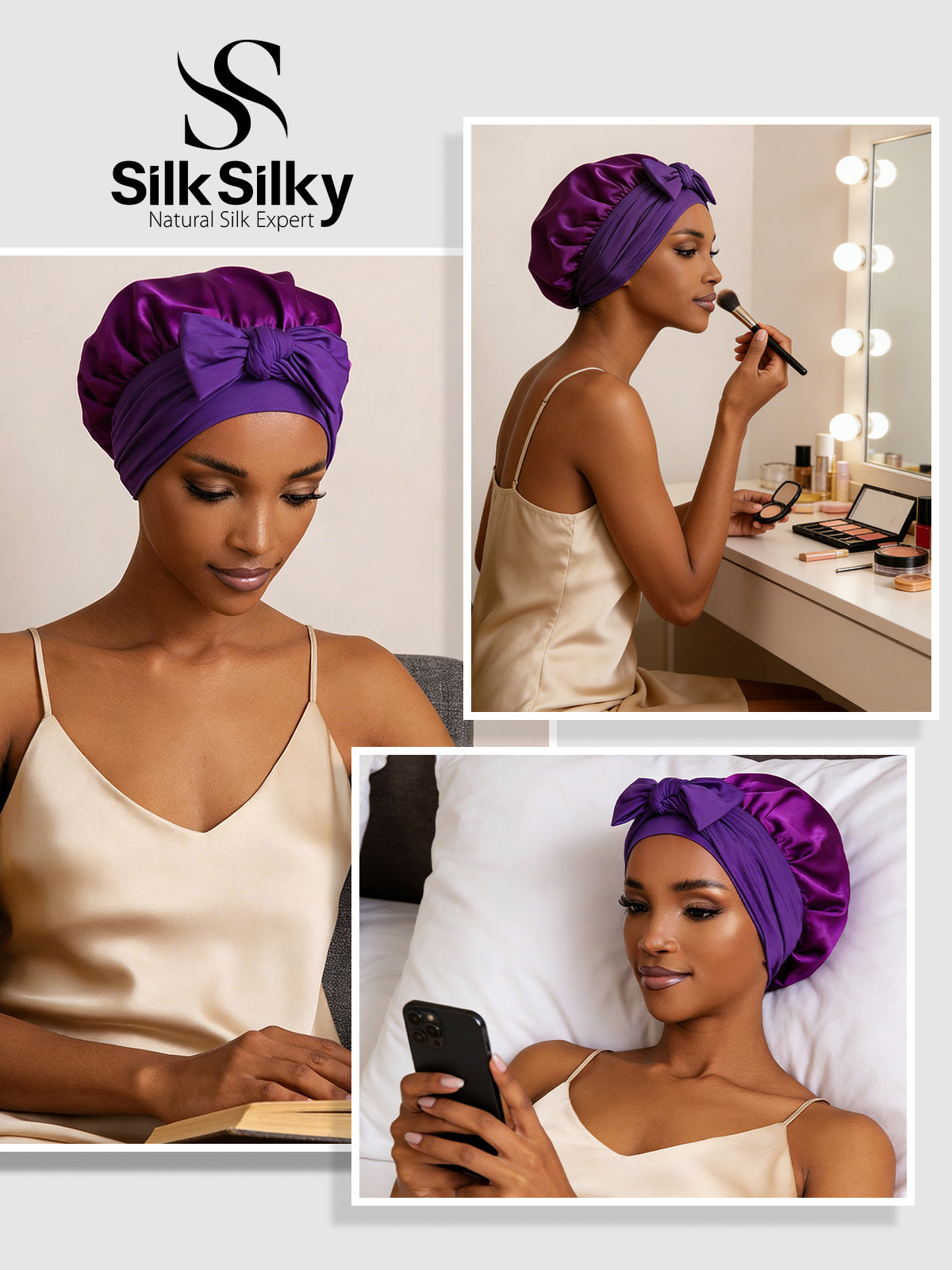 [Purple] SilkSilky  Pure Silk Sleep Cap 005