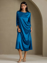 [Teal] SilkSilky 3/4 Sleeve Round Neck Dress 007