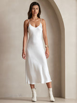 [White] SilkSilky  Pure Silk Spaghetti Strap V Neck Dress 004