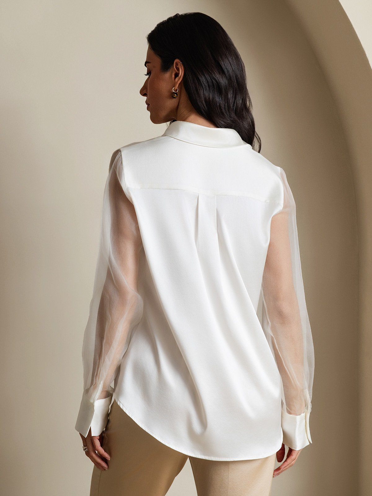 [White] SilkSilky  19Momme Silk Lapel Collar Women's Shirt 002