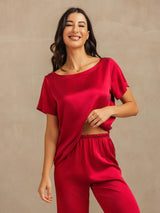[Wine] SilkSilky  19Momme Machine-Washable Silk Short Sleeve Women's Pajamas 008