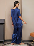 SilkSilky US Pure Silk Short Sleeve Womens Pajamas DarkBlue 002