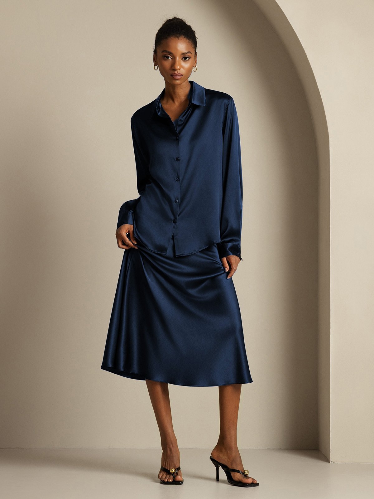 [Dark Blue] SilkSilky  19Momme Silk Lapel Collar Women''s Outfit Sets 007,