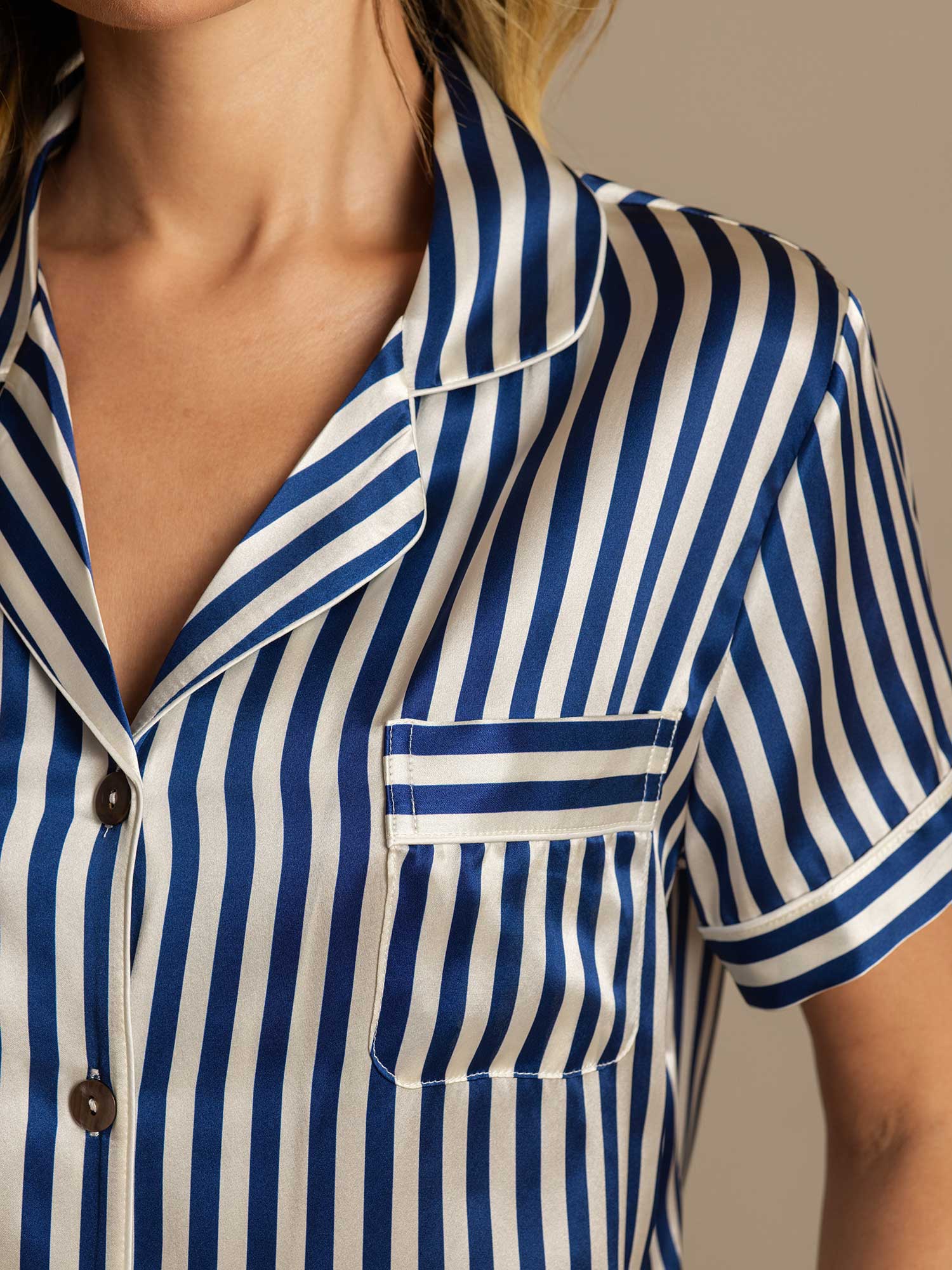 [Dark Blue] SilkSilky  Pure Silk Notch Collar Women's Pajamas 007,