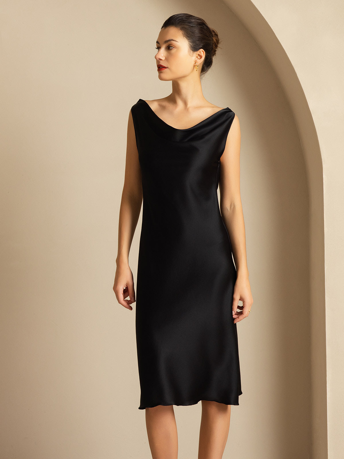 SilkSilky 19Momme Silk Sleeveless Cowl Neck Knee Elegant Dress, Black / M(8/10)