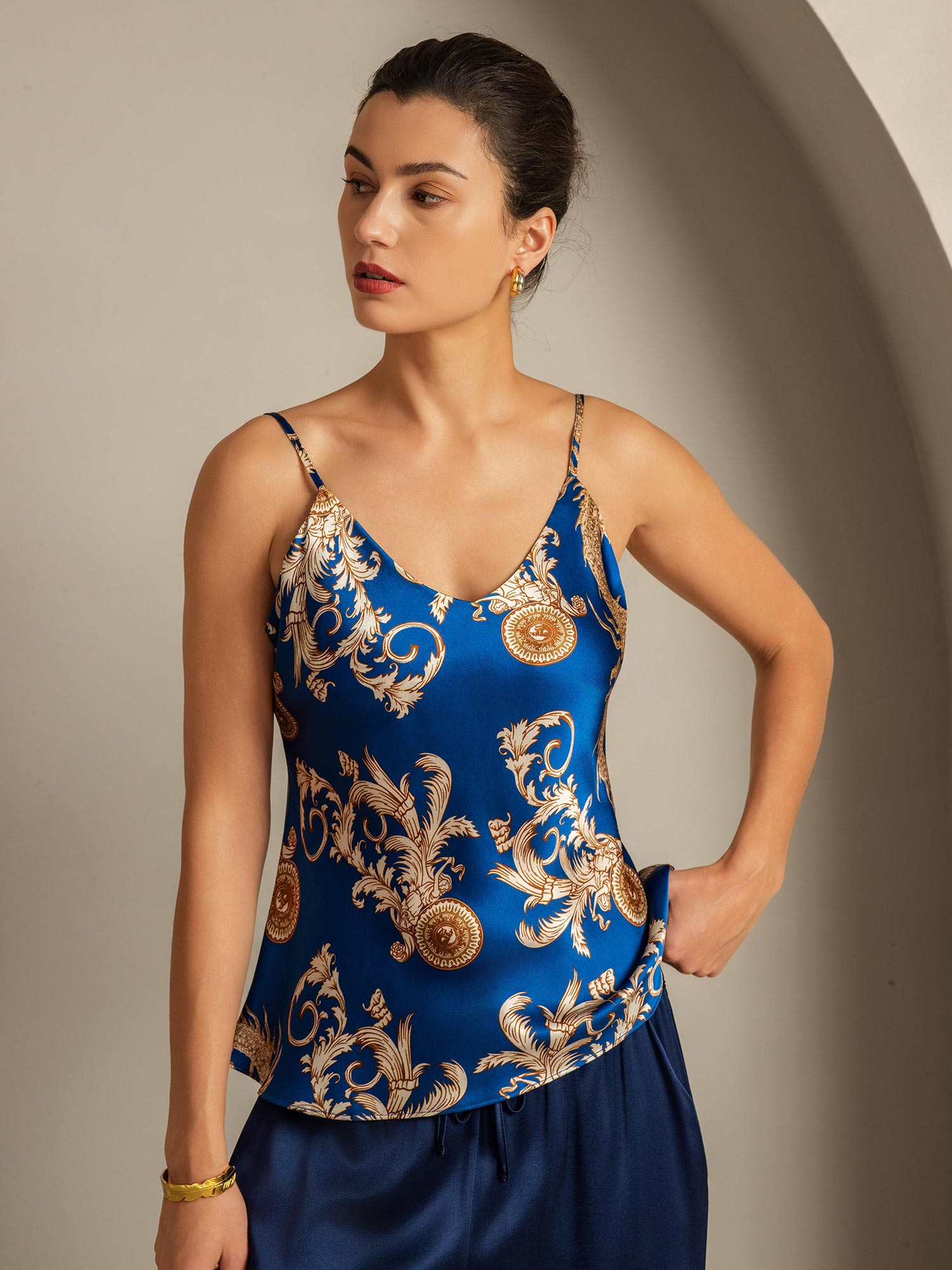 [Navy Dragon] SilkSilky  Pure Silk V Neck Camisole Top 001,
