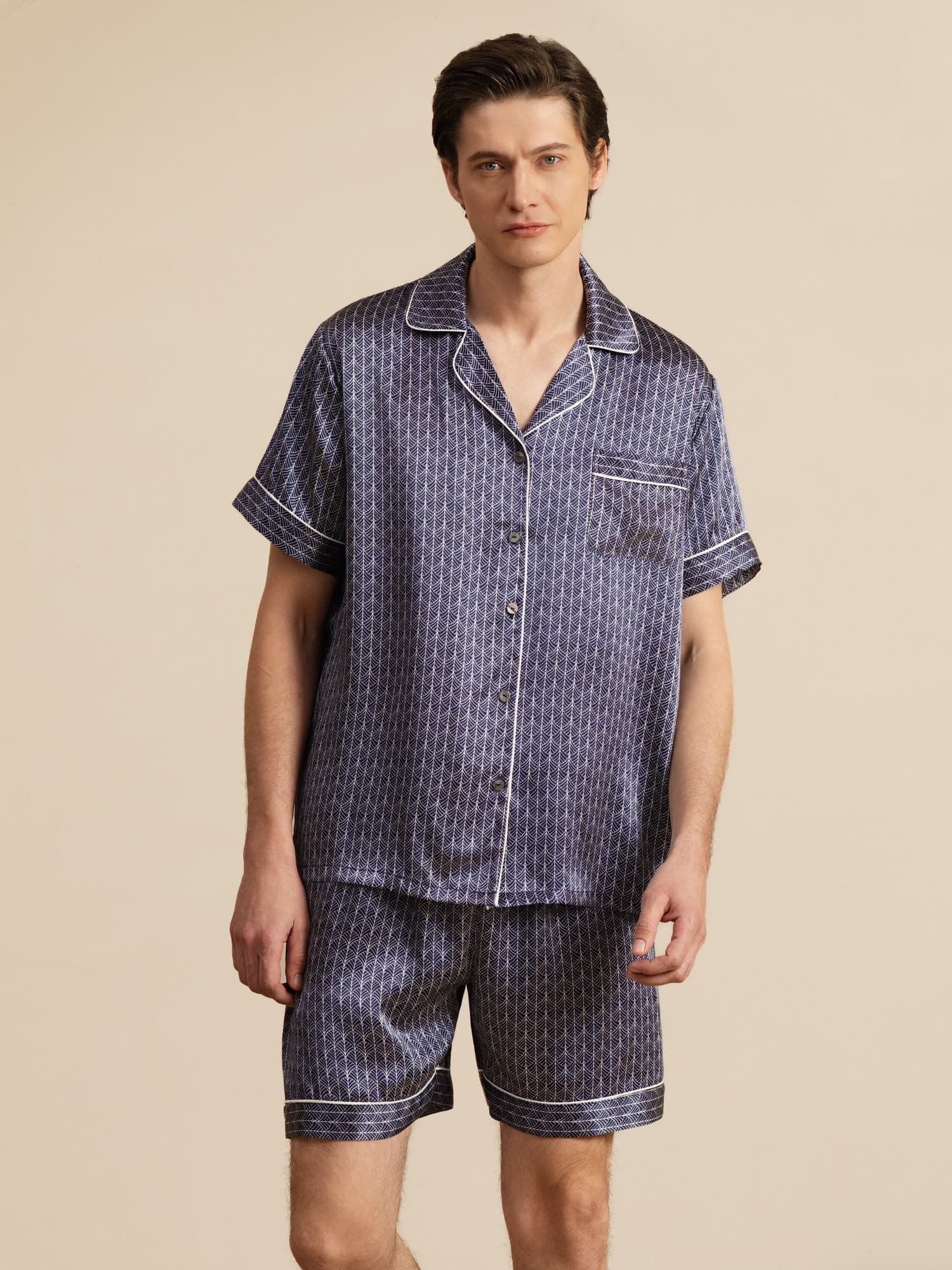 [Navy Ginkgo] SilkSilky  Short Sleeve Notch Collar Men's Pajamas 004