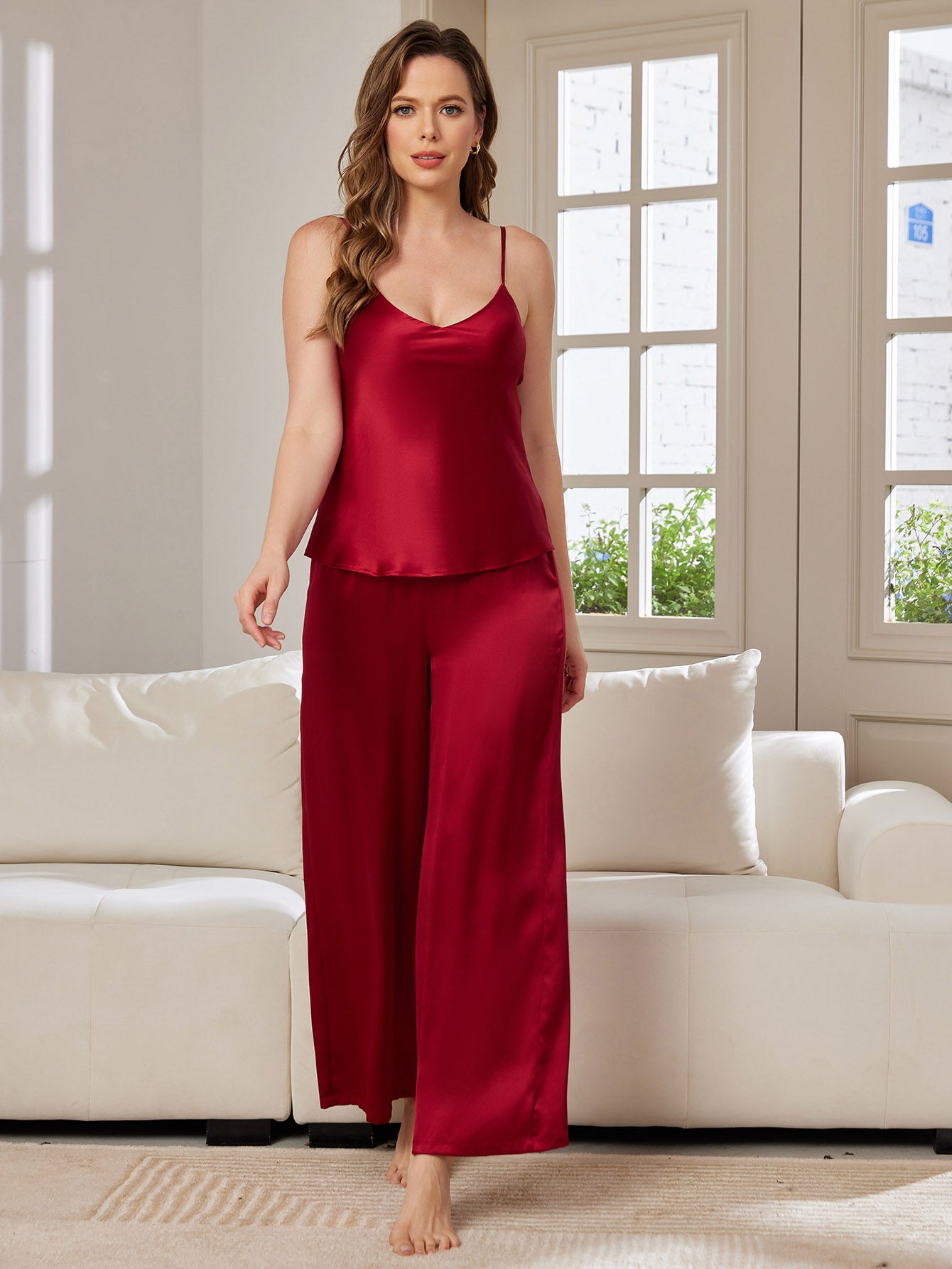 SilkSilky US Pure Silk Sleeveless V Neck Camisole Set Wine 003